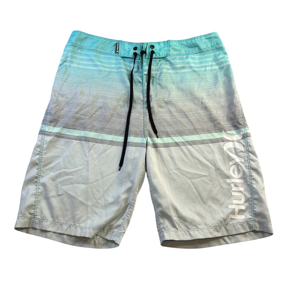 Hurley Mens Board Shorts Size 30 Teal Grey Striped Swim Trunks Logo Beachwear